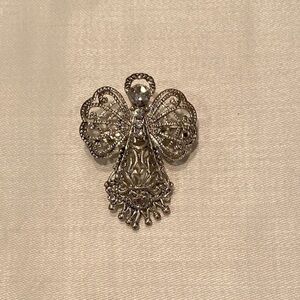 Vintage Filigree Silver-toned Angel Brooch with Halo and Wings.  Signed: Best.